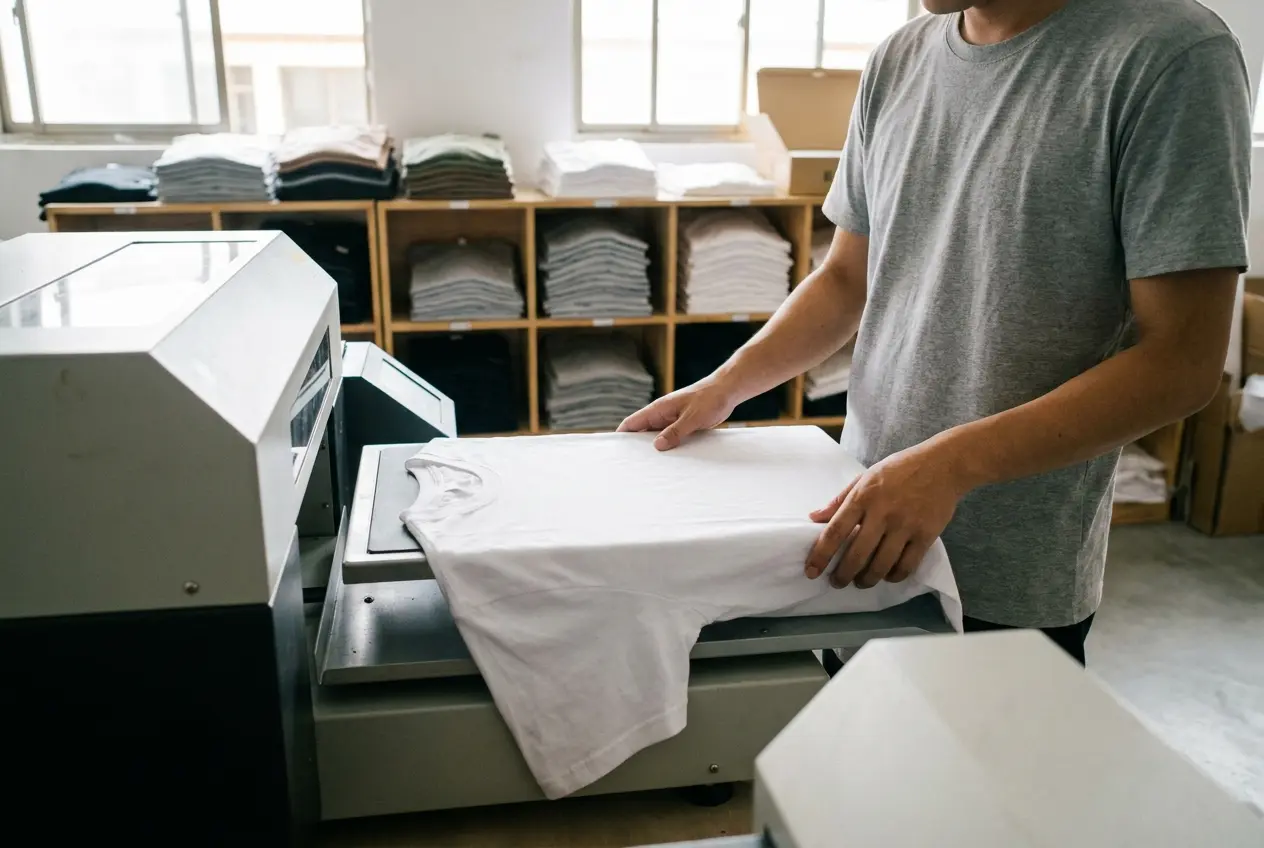 A person in a grey T-shirt smoothing a white T-shirt onto the platen of a garment printer, shelves of blank shirts behind