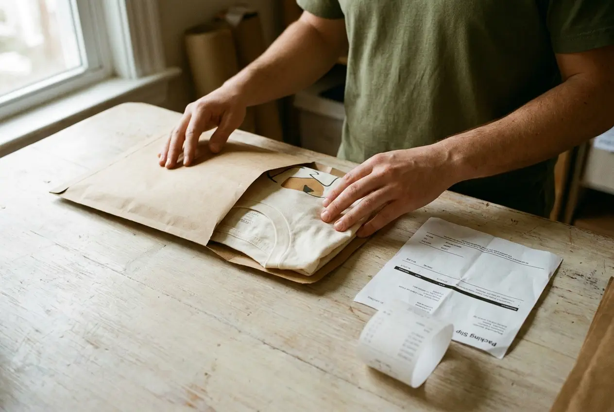 Hands sliding a folded printed T-shirt into a kraft mailer, with a packing slip and a till roll on the table
