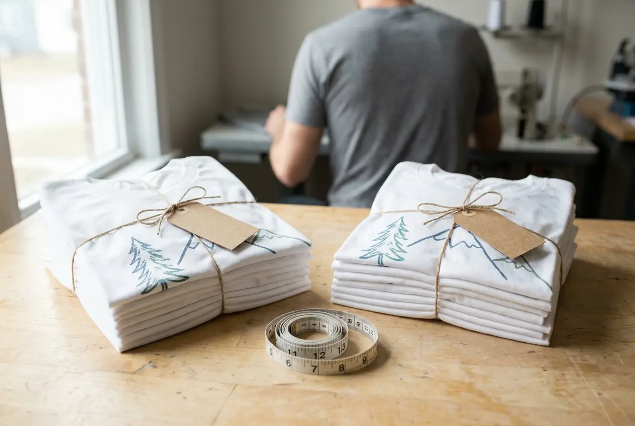 Two stacks of white T-shirts with the same print, each with a kraft hang tag, and a measuring tape between them